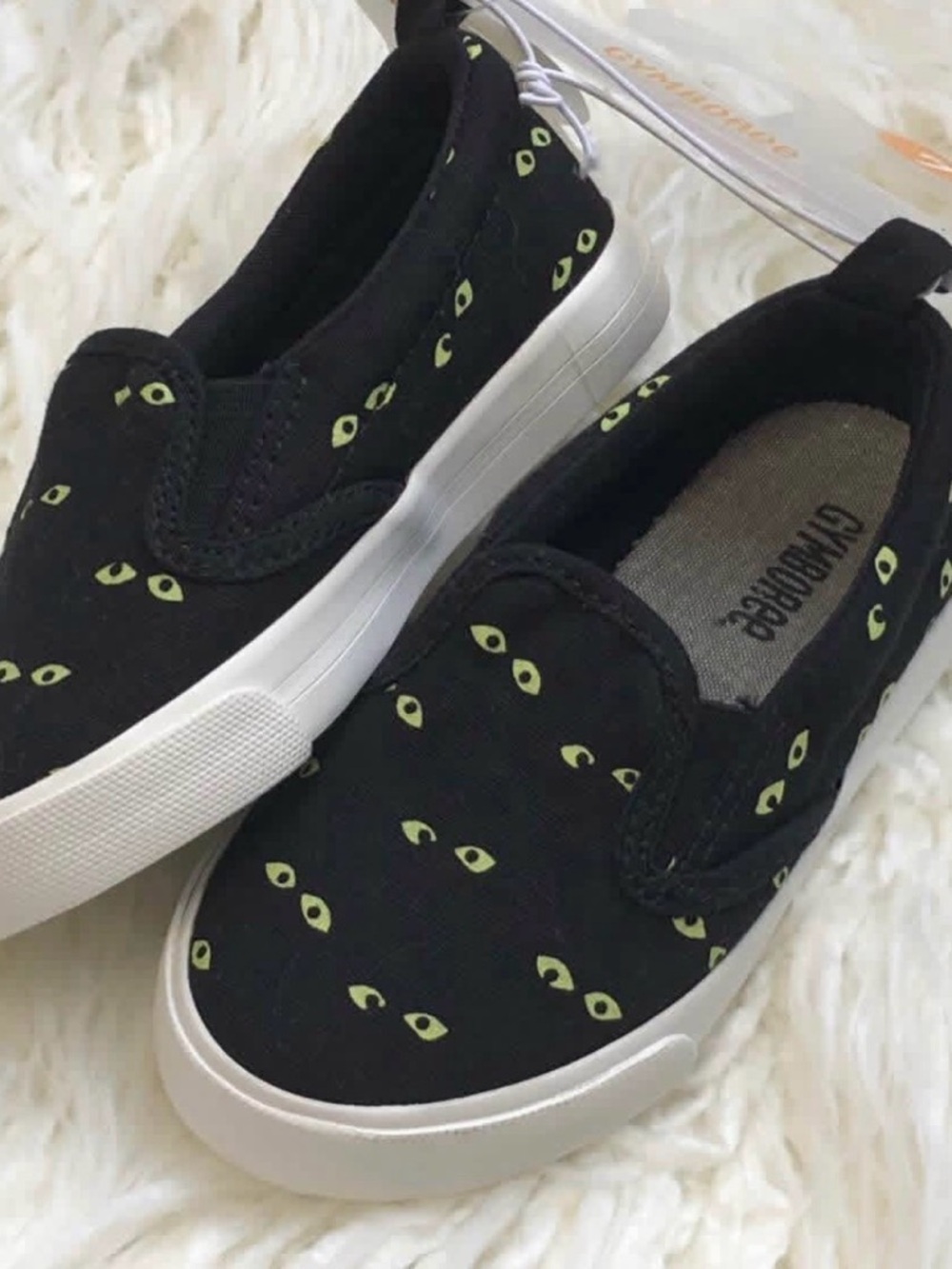 Gymboree Black Slip-On Sneakers with Lime Eye Print